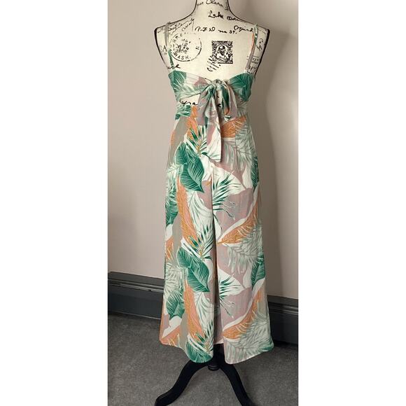 Blue Blush Tropical Print Jumpsuit Sleeveless Spaghetti Straps Cropped Wide Leg - Picture 6 of 15